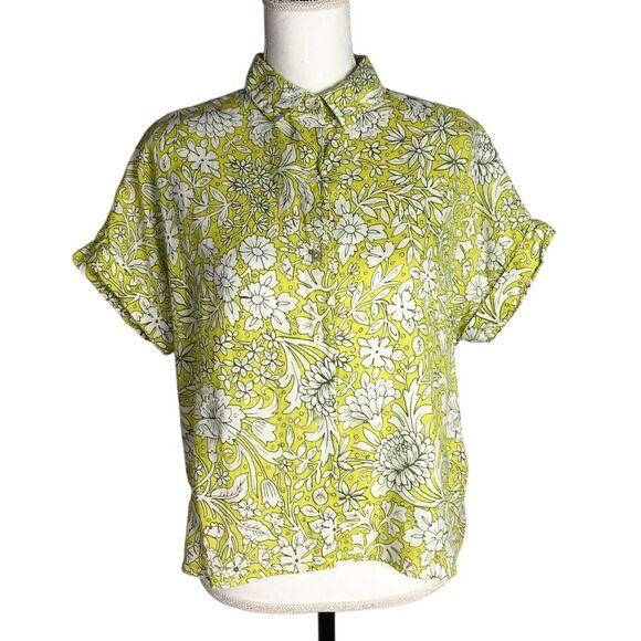 Rachel Ashwell Size S 100% Linen Floral‎ Short Sleeve Shirt Yellow Lime - Picture 1 of 4
